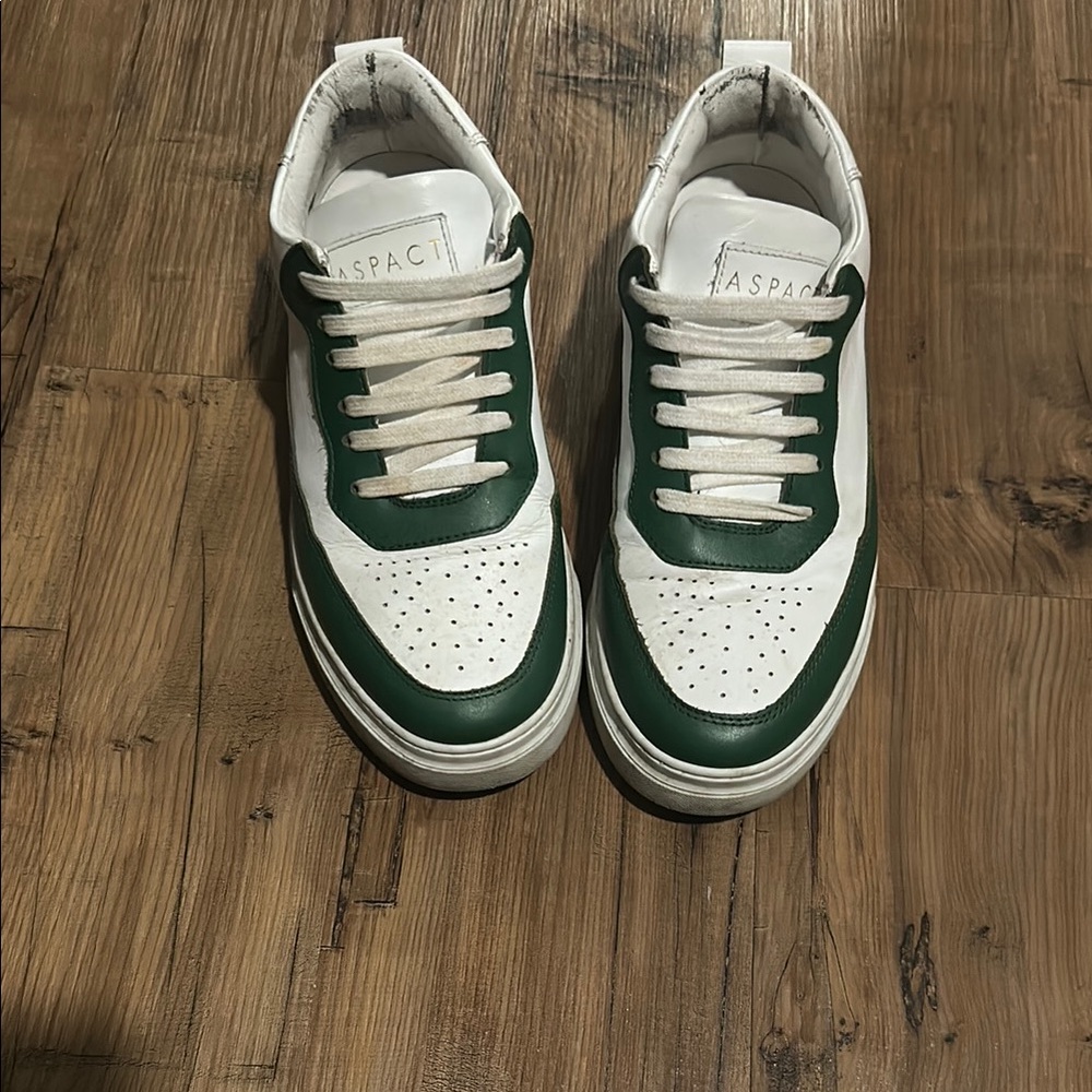 Genuine Leather Men's Green and White Sneakers